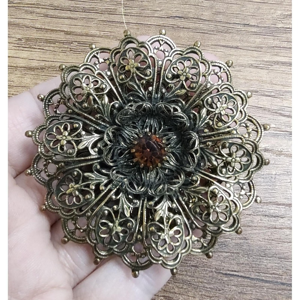Vtg Brooch  Filigree Amber Color Stone Rivet Construction Victorian Revival J267